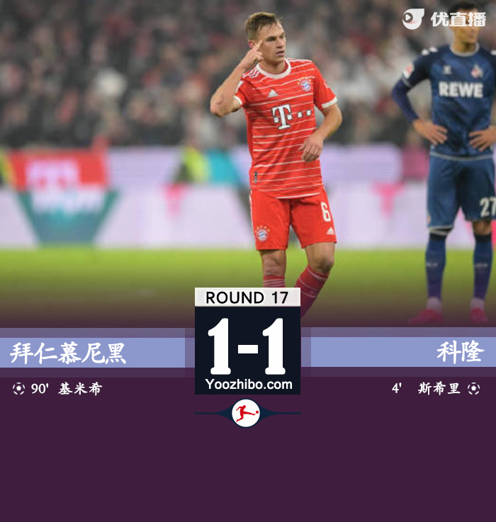 拜仁1-1科隆 基米希世界波救主赫拉芬贝赫中柱